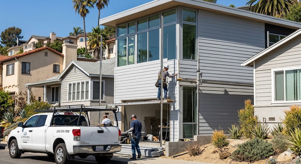 Workers install gray fiber cement siding on a modern LA house.